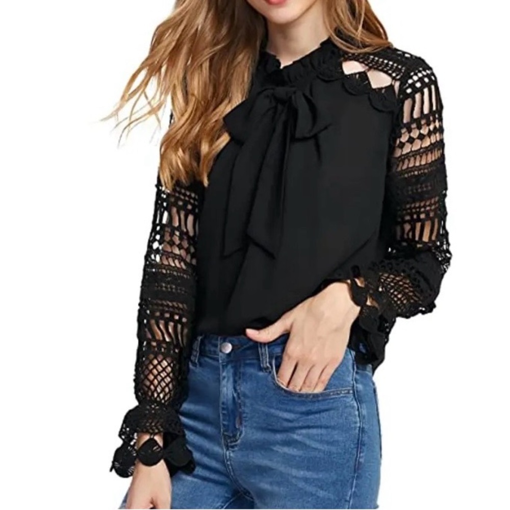 Boho Lace Size Medium Elegant Black Puff Sleeve Women's Top with Tie